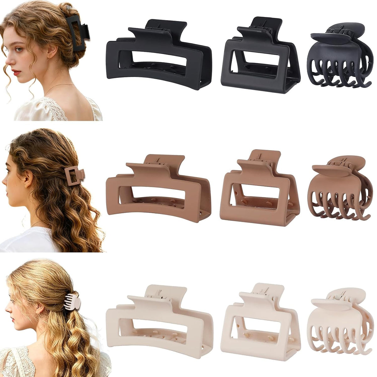 Medium Claw Hair Clips Set for Women - 3 Styles, 9 Pcs Rectangle Clips for Thick Hair, Square Clips for Thin Hair - Brown