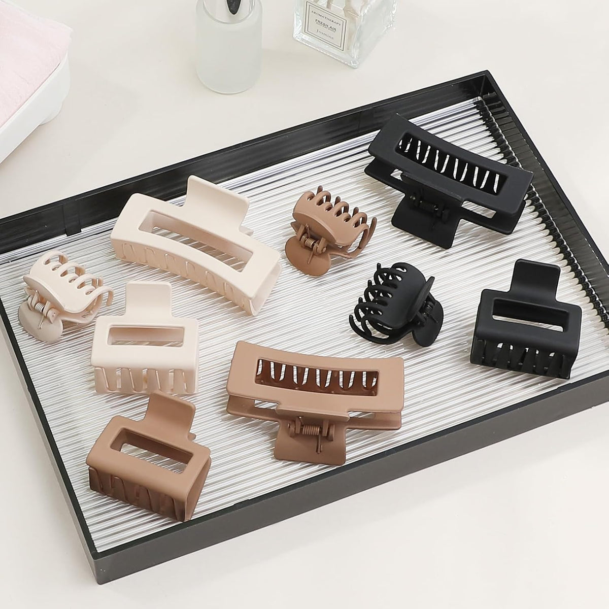 Medium Claw Hair Clips Set for Women - 3 Styles, 9 Pcs Rectangle Clips for Thick Hair, Square Clips for Thin Hair - Brown