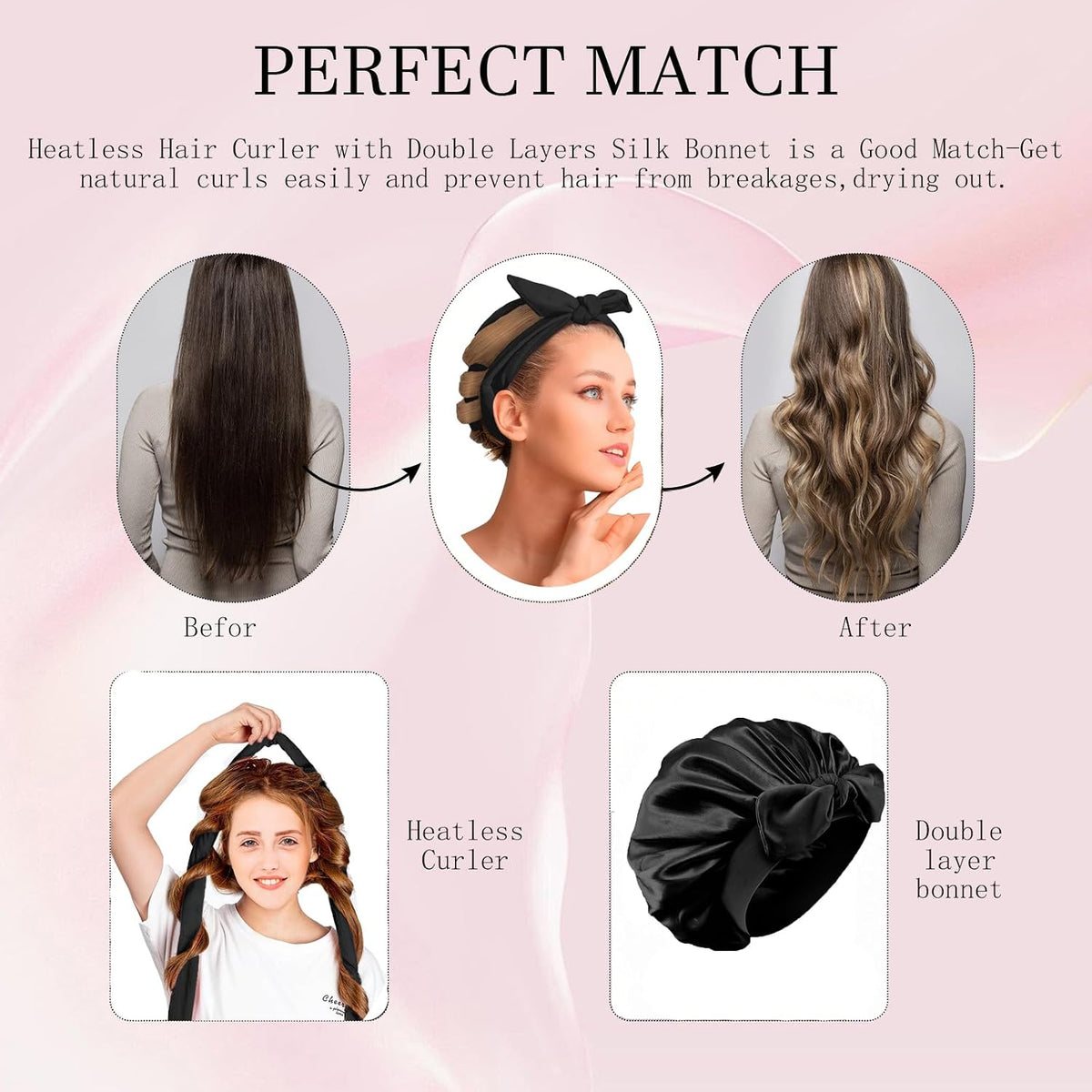 Heatless Hair Curler and Double Layer Satin Bonnet Set for Overnight Curls - No Heat Curling Rod with Silk Bonnet, Sleep-In Safe for Long/Medium Hair, Frizz-Free Waves & Volume(Black)