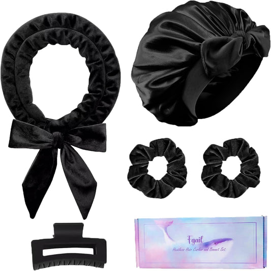 Heatless Hair Curler and Double Layer Satin Bonnet Set for Overnight Curls - No Heat Curling Rod with Silk Bonnet, Sleep-In Safe for Long/Medium Hair, Frizz-Free Waves & Volume(Black)