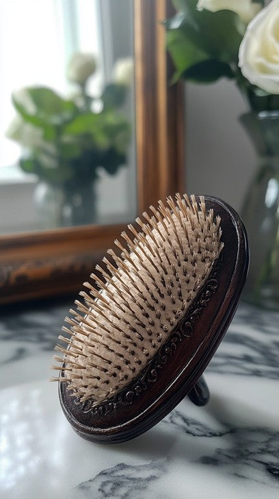 Wooden hairbrush on marble with mirror reflection