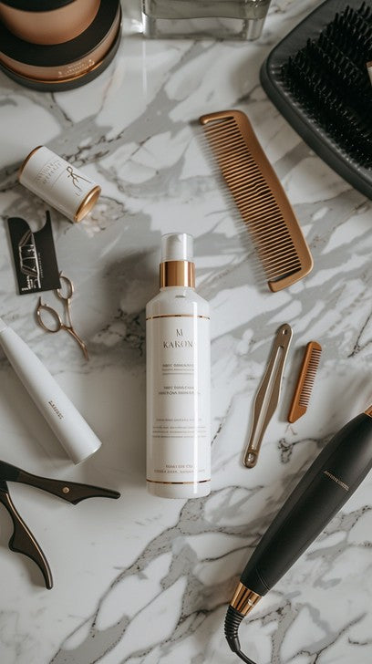 Veloura hero - haircare products and styling tools on marble