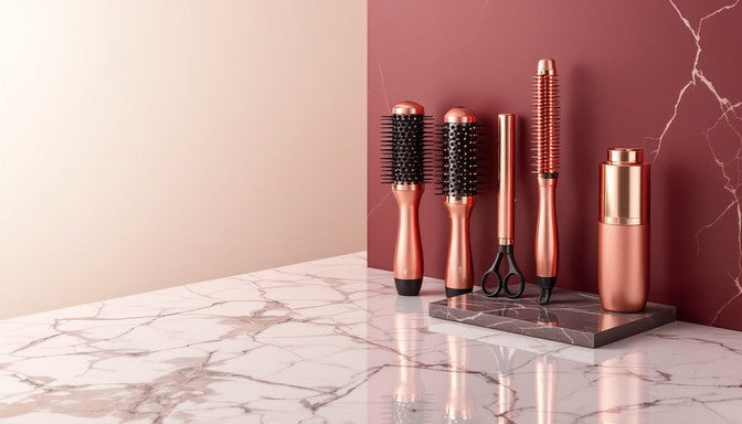 Rose gold styling tools on marble with burgundy backdrop