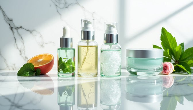 Veloura hero - natural skincare essentials on marble with botanicals